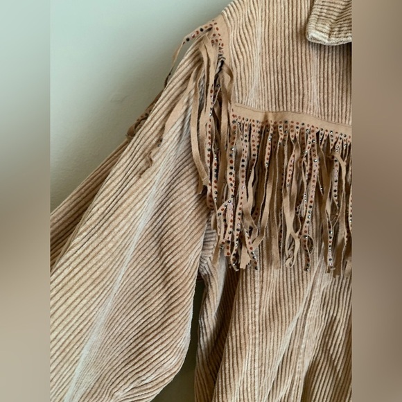 POL tan Rough Fringe Corduroy Jacket studded coat distressed boho coastal - Picture 2 of 11